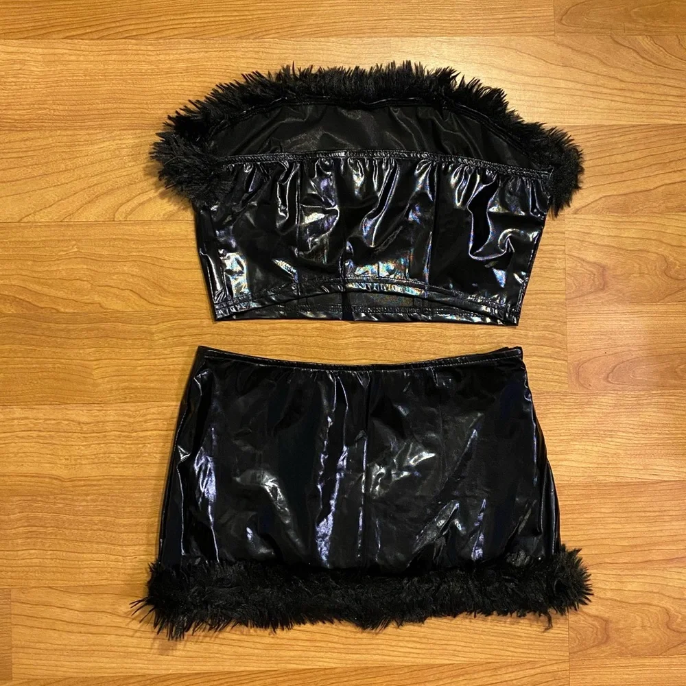 Black Faux Leather & Rhinestone Heart Bandeau Skort Set